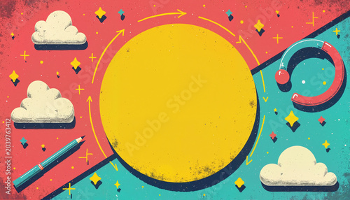 Colorful abstract design with sun and clouds
