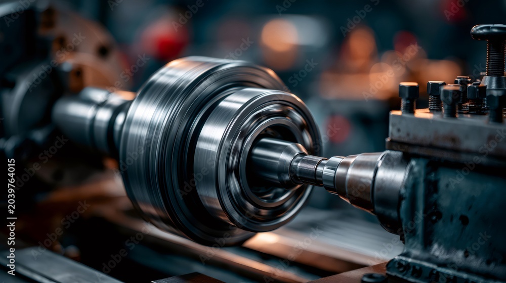Fototapeta premium Metal workpiece rotating on an industrial lathe during machining process