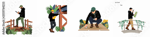 Fotografía Professional engineers and inspectors conducting assessments and maintenance on bridges and wooden structures in various outdoor settings, flat vector illustration