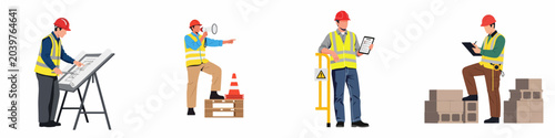 Foto Flat vector illustration of diverse construction professionals including engineers and foremen in safety gear performing various tasks on a building site