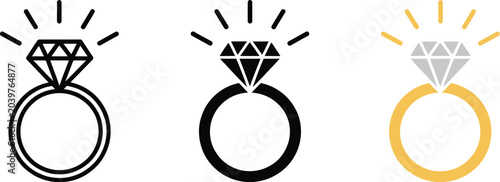 Bild auf Leinwand Wedding ring icon jewelry logo featuring engagement diamond ring symbol and brilliant gold jewellery vector illustration isolated on white background