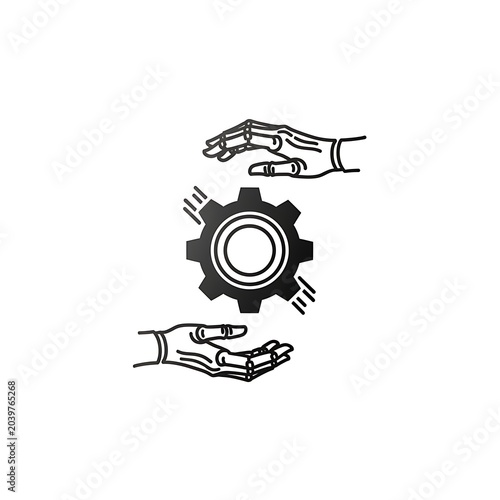 Minimal Black Hand Drawn Hands Holding Gear Icon on White Background