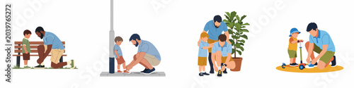 Vector illustration set of fathers and same-sex parents helping their young sons tie their shoelaces in different daily life scenarios.