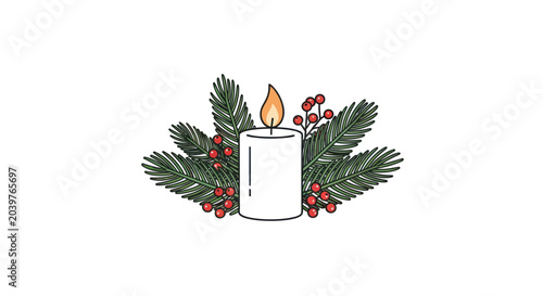 Christmas candle illustration with pine branches and red berries