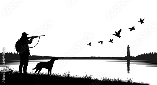 Silhouette of a hunter aiming at ducks near a lighthouse with his dog