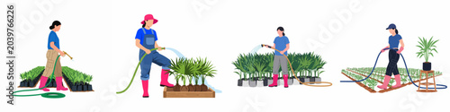 Slika na platnu Set of flat illustrations featuring women gardeners watering plants and saplings in a nursery with water hoses, isolated on a white background