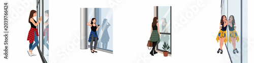 Set of minimalist flat vector illustrations featuring young women in casual clothing standing near windows and glass walls in different poses.