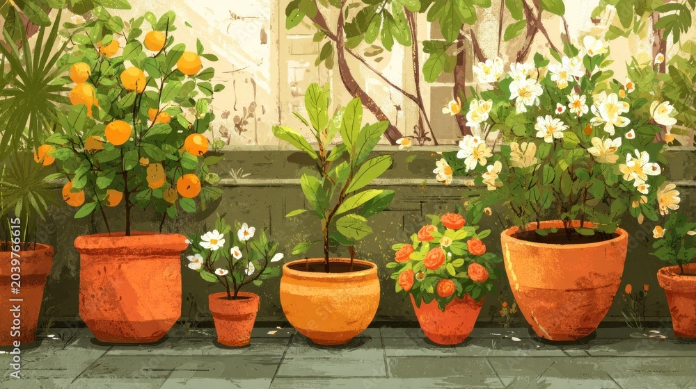 Fototapeta premium Various fruit bearing and flowering botanical specimens display their vibrant growth in terracotta containers.
