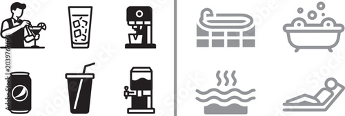 Hospitality and spa service icon set with bartender drinks coffee pool bathtub and relaxation symbols for hotel and resort amenities