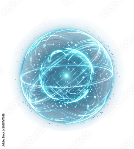 Glowing neon-blue digital globe hologram with swirling data streams, nodes and wireframe mesh conveying connectivity, AI, big data and futuristic technology