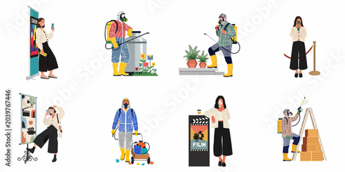 Foto Collection of flat illustrations showing pest control professionals in protective gear and people taking selfies at cinema events and film premieres