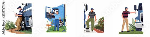 Flat illustration set of professional male truck drivers performing various tasks like map reading, cleaning, and inspecting their blue commercial semi-trucks.