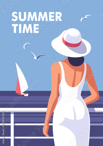 A woman in a hat enjoys the view from the deck of a cruise ship. Perfect background on the theme of season vacation, weekend, travel. Vector illustrations in minimalistic style.