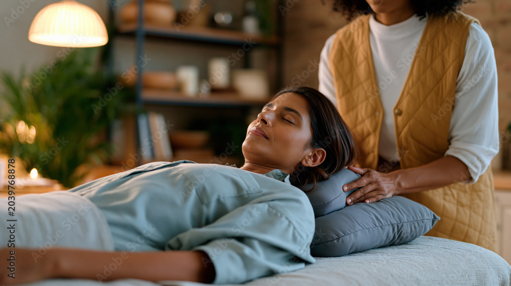 Obraz premium Young South Asian woman lying on a treatment table in a holistic therapy studio, therapist placing weighted cushions along her torso as part of somatic nervous system regulation work, soft overhead