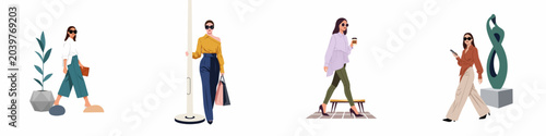 Set of four stylish modern women illustrations featuring various outfits, shopping bags, coffee, and mobile phone in a minimalist flat design style.