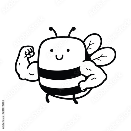 Muscular Bee Character Flexing Strong Arms in Cartoon Vector Style
