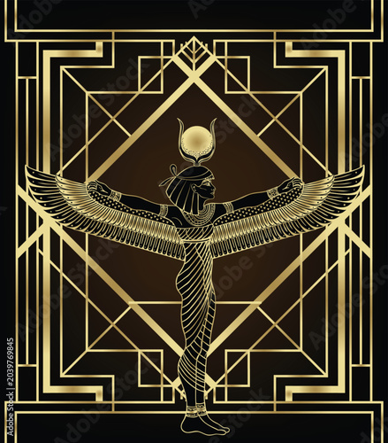Art Deco vector frame with Egyptian motifs in gold on black background. Decorative compositions featuring ancient gods, pharaohs, sacred symbols, and geometric ornament inspired by vintage luxury