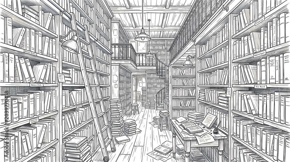 Fototapeta premium Large bookstore aisle with endless shelves and detailed perspective rendered in fine pencil illustration.