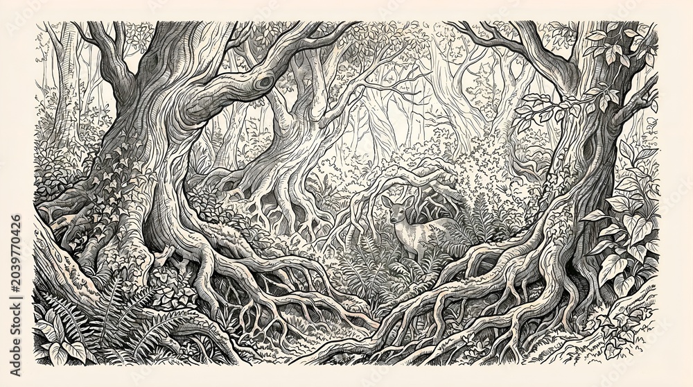 Obraz premium Enchanted forest with twisting tree roots and magical atmosphere in intricate pencil illustration.