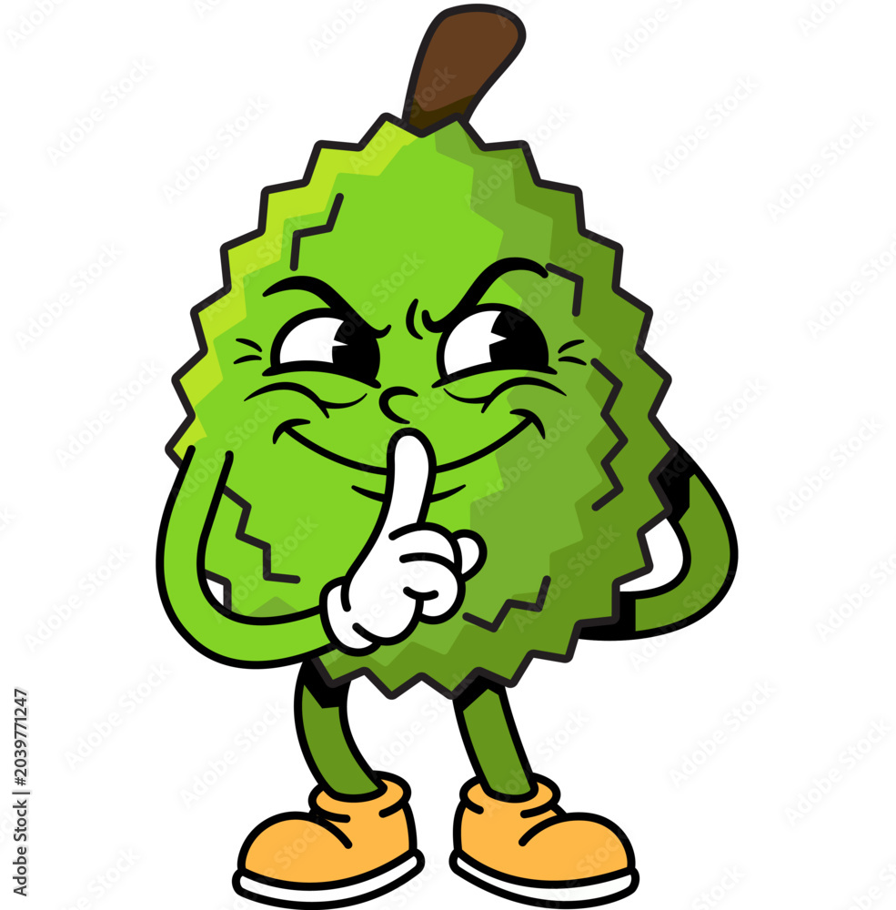 Fototapeta premium Mischievous Groovy Retro Durian Character with Cheeky Evil Grin Face, Fun Cute Cartoon Illustration of Naughty Smirking Durian Fruit in Vintage Groovy Style