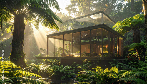 Modern glass house in lush forest