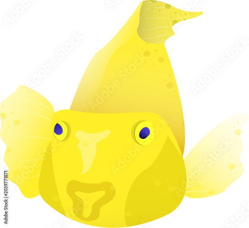 Cute yellow parrot fish icon isolated over white.Detailed fish with yellow fins and blue eyes looking straight.Beautiful small pet fish element that is editable and ready to use eps 10 vector icon.