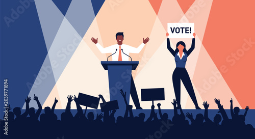 African American politician speaking at podium while supporter holds vote sign before a cheering crowd in bright spotlights.