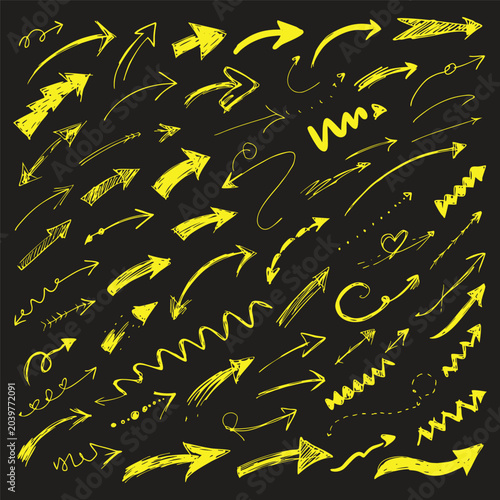 Hand drawn arrows set on black background