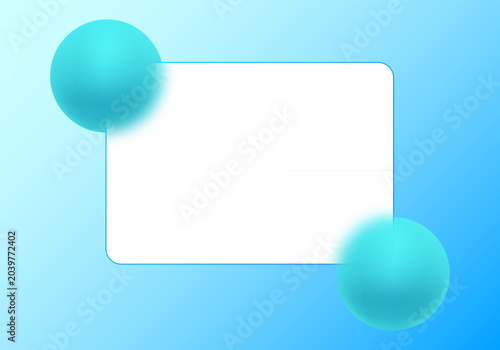 Abstract blue background with white card and 3D spheres. Glass morphism
