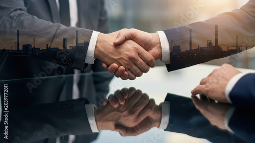 Industrial partnership double exposure logistics collaboration supply chain agreement shows handshake over factory skyline reflection on glass table symbolizing trust and strategic deal