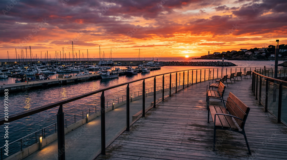 Obraz premium Empty Benches Along a Modern Coastal Harbor Boardwalk Facing a Fiery Orange Ocean Sunset View