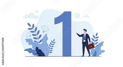 Businessman in a navy suit pointing towards a giant blue number one symbol representing leadership, victory, and top ranking.