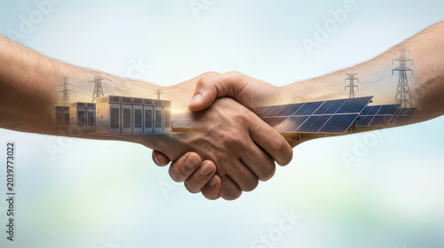 Industrial partnership double exposure logistics collaboration supply chain handshake with solar panel farm and power station symbol for renewable energy agreement and sustainable cooperation
