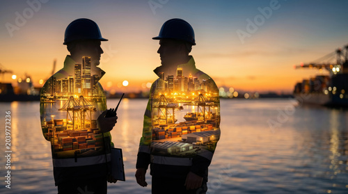 Industrial partnership double exposure logistics collaboration supply chain port worker twilight harbor skyline teamwork silhouette connection freight efficiency