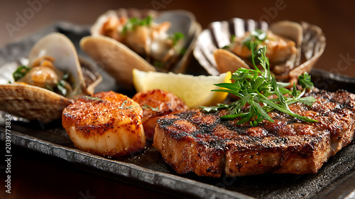Grilled steak and cooked seafood