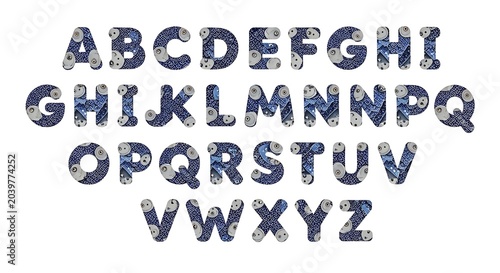 Decorative Blue Alphabet Letters Arranged on White Background