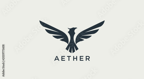 Foto Minimalist dark blue phoenix logo with spread wings and text 'AETHER' on a light grey background