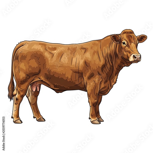 Brown Bull Standing in Side View on White Background