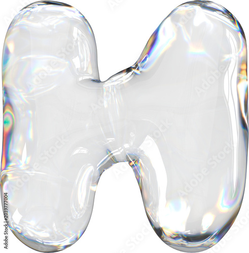 3D Transparent soap bubble letter H with a dispersion effect, liquid balloon style typography for trendy futuristic design