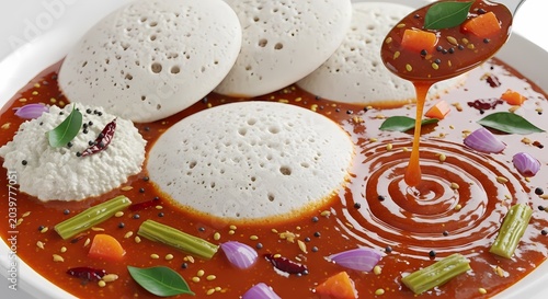 Idli south indian cuisine served with sambar and chutney in a white plate