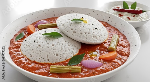 Idli with sambar and chutney indian breakfast food white background