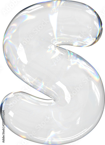 3D Transparent soap bubble letter S with a dispersion effect, liquid balloon style typography for trendy futuristic design