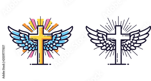 Fotografie Set of Christian Cross Icons with Angel Wings and Sunburst in Color and Line Art