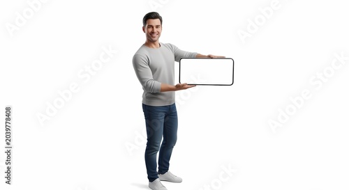 Man holding a blank display isolated on white background for advertisement