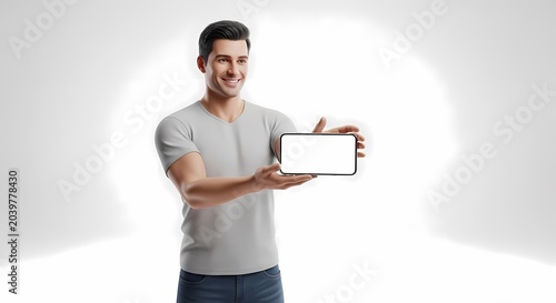 Man holding a blank digital tablet screen against a bright background