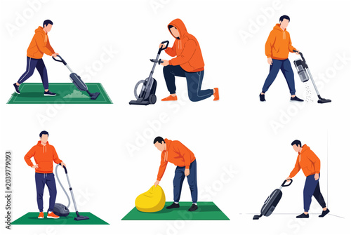 Foto Set of flat vector illustrations featuring a man in an orange hoodie performing various cleaning tasks with a vacuum cleaner, ideal for housekeeping and home maintenance concepts