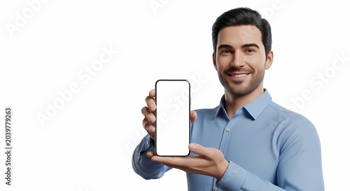 Man holding a blank smartphone screen mockup against a clean white background