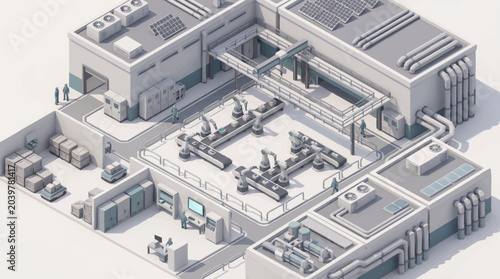 Fotografie Isometric view of a modern industrial factory complex with machinery