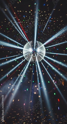 Glittering Disco Ball Casting Bright Light Beams in Dark Nightclub