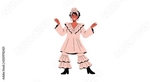 Fashionable woman wearing a ruffled pink dress and a matching turban dancing joyfully in a stylish illustration.